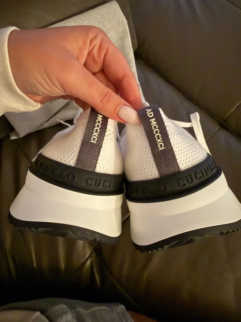 Brunello Cucinelli White Knit Sneakers with Black Heel Accent - Picture 4 of 4